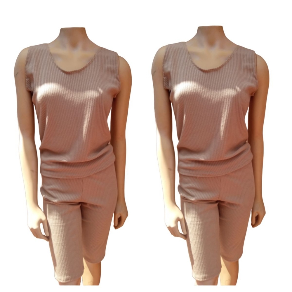2 pc. pants biking shorts set ribbed ultra stretchy athletic tan size medium